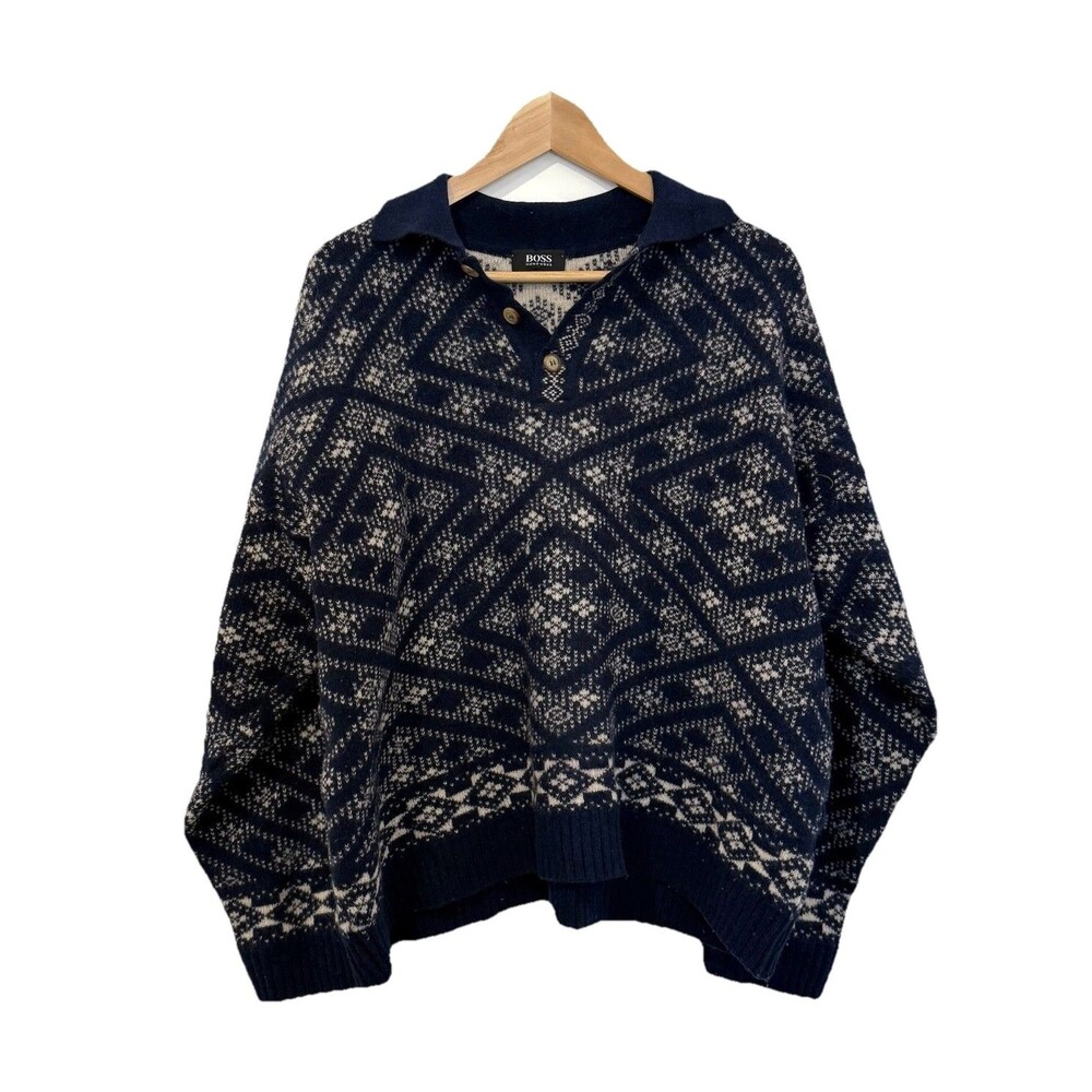HUGO BOSS Vintage Navy Blue Collared Rabbit Fur Sweater Size M Unisex Aztec